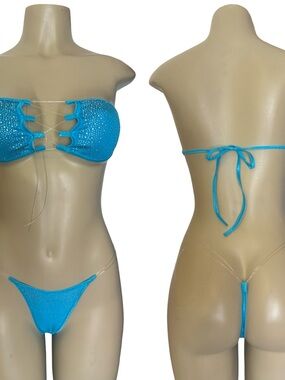 Sparkle Lace-Up Strapless Bikini Set - Turquoise Blue